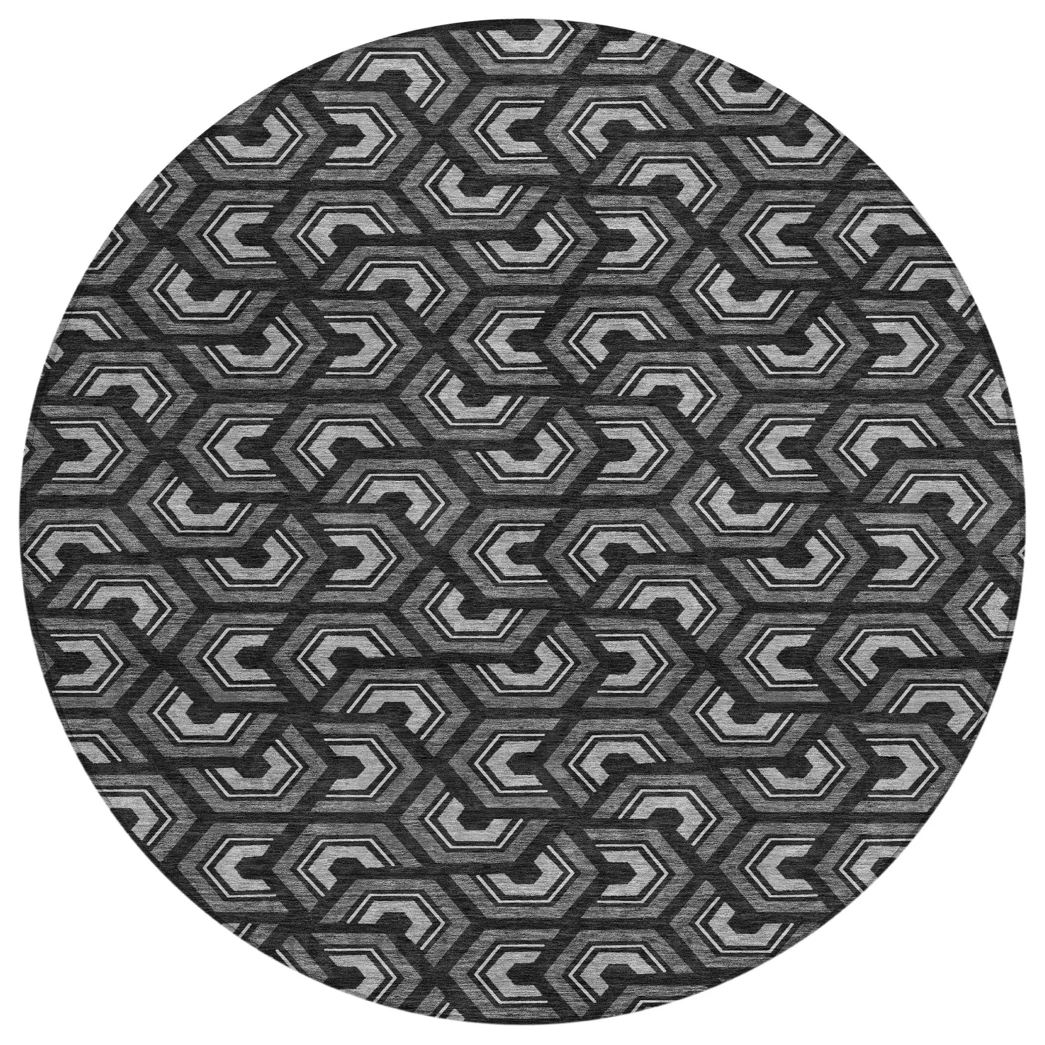 8' Black And Gray Round Geometric Washable Indoor Outdoor Area Rug Homeroots Outdoor