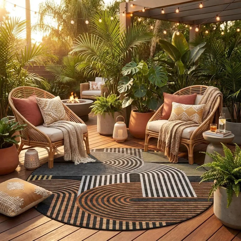 8' Black And Gray Round Geometric Washable Indoor Outdoor Area Rug Homeroots Outdoor