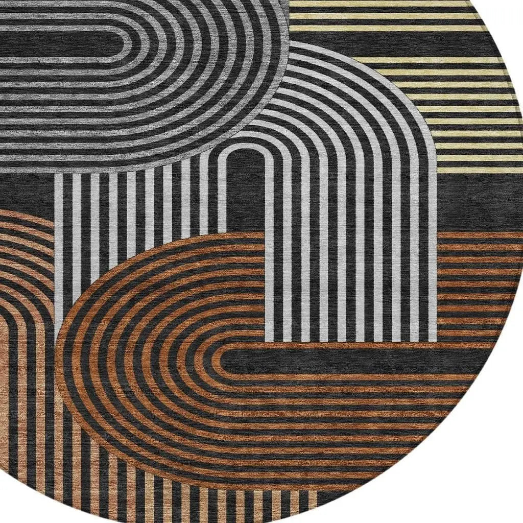 8' Black And Gray Round Geometric Washable Indoor Outdoor Area Rug Homeroots Outdoor