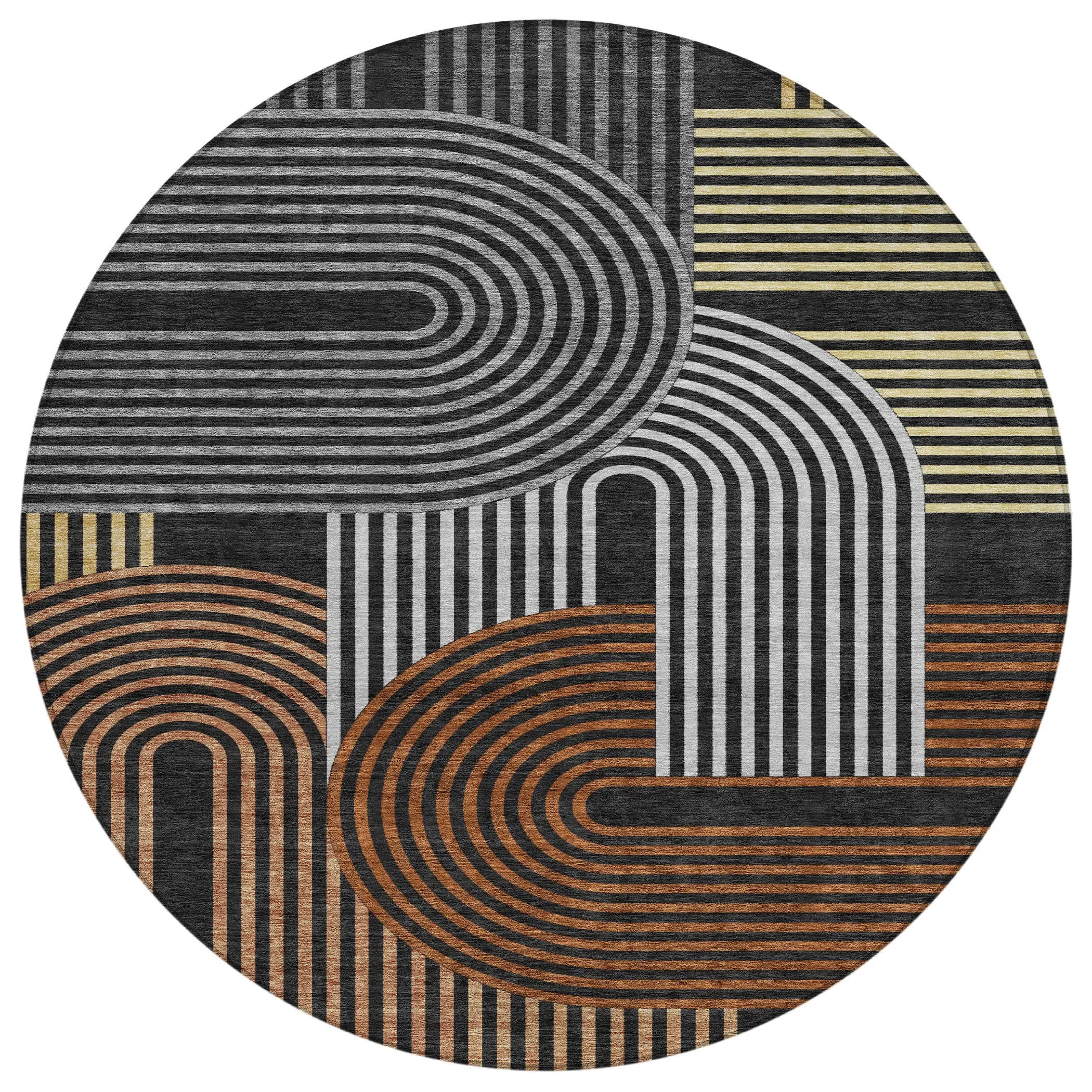 8' Black And Gray Round Geometric Washable Indoor Outdoor Area Rug Homeroots Outdoor