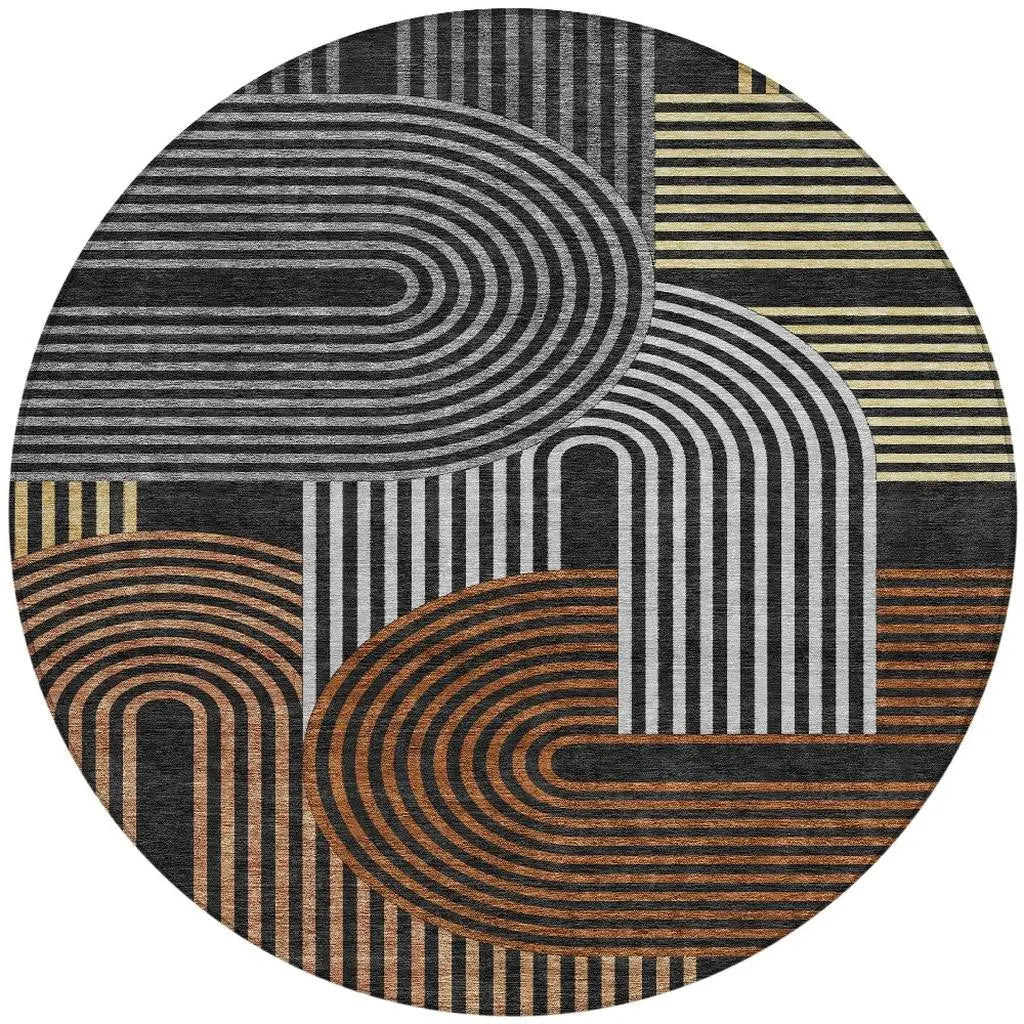 8' Black And Gray Round Geometric Washable Indoor Outdoor Area Rug Homeroots Outdoor