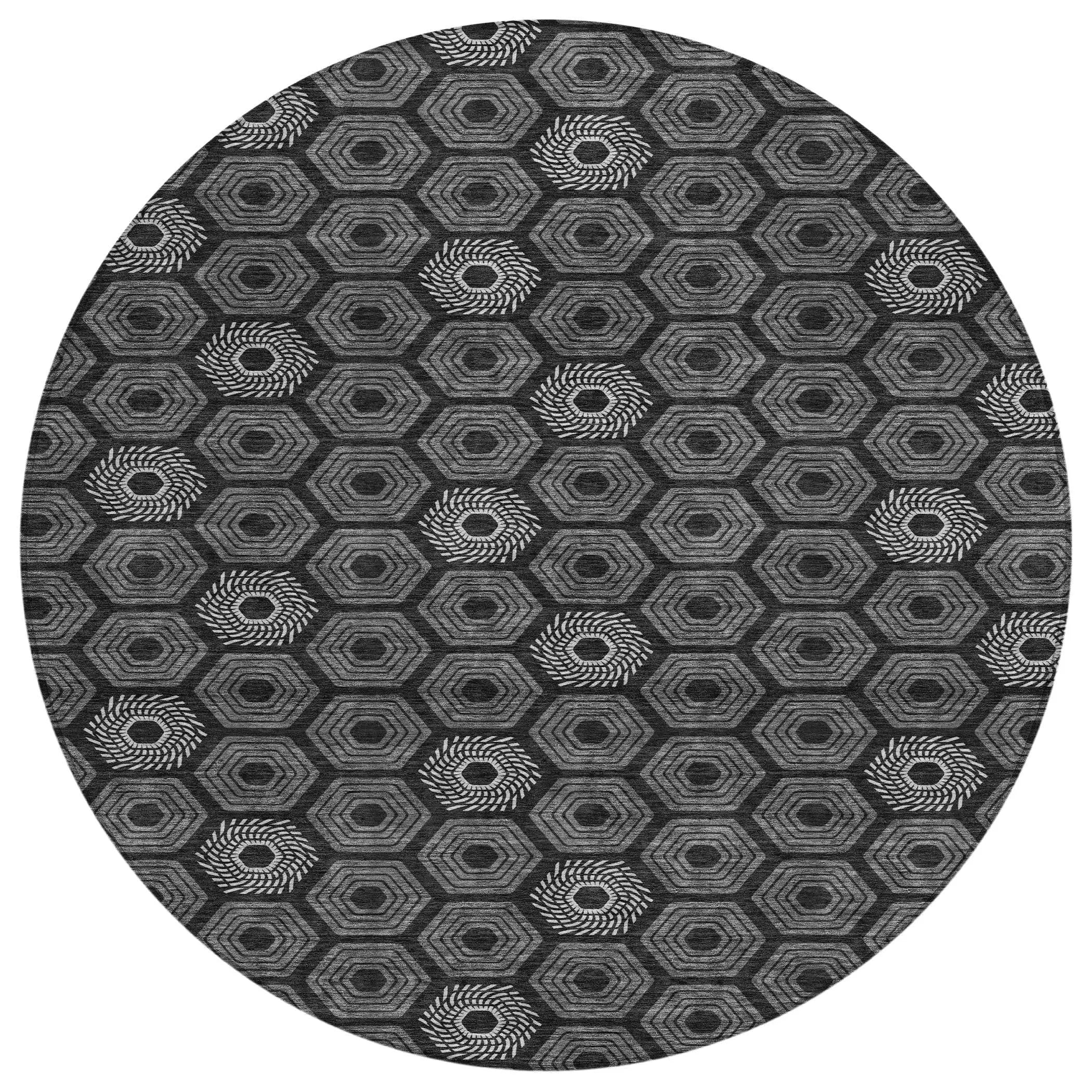 8' Black And Gray Round Geometric Washable Indoor Outdoor Area Rug Homeroots Outdoor
