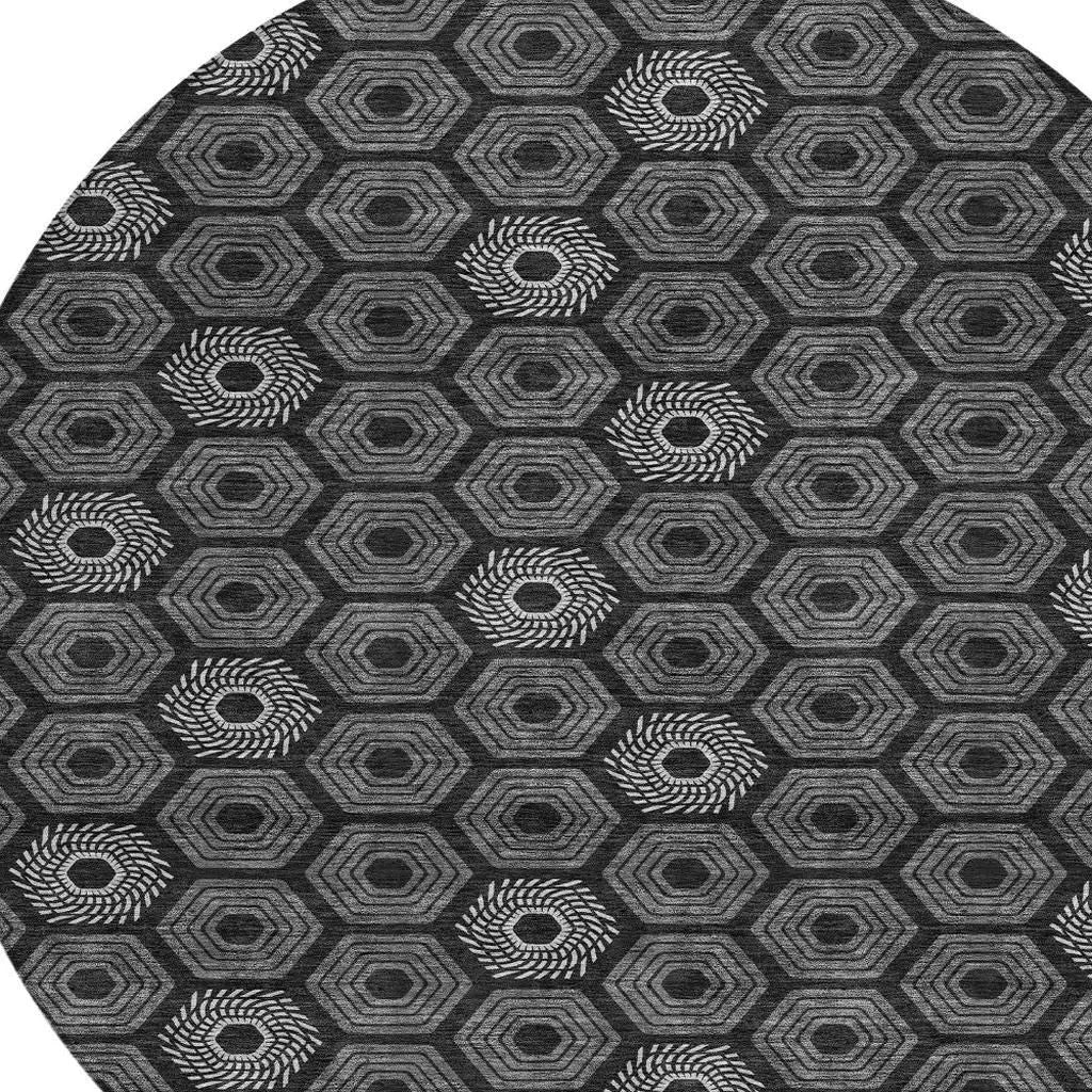 8' Black And Gray Round Geometric Washable Indoor Outdoor Area Rug Homeroots Outdoor