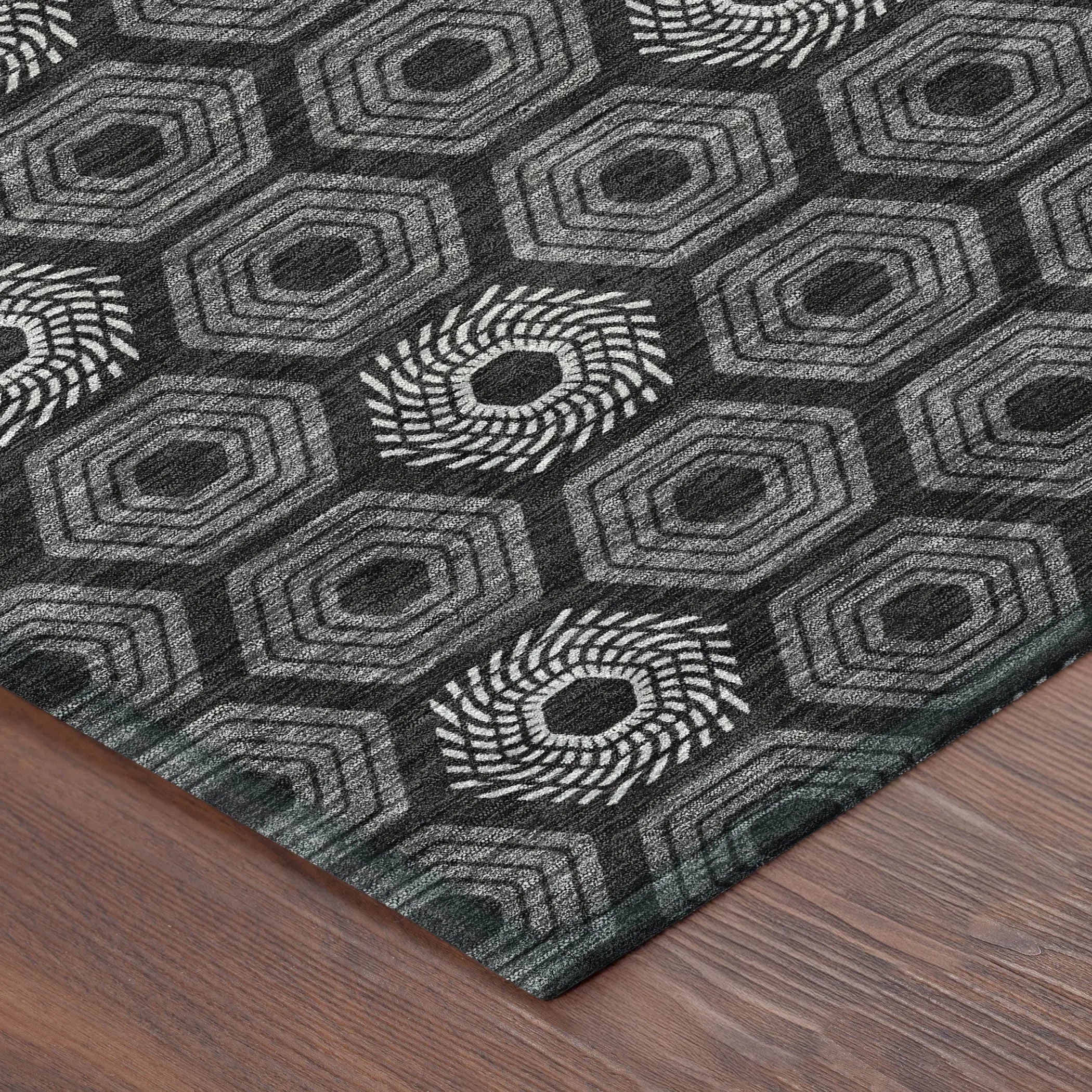8' Black And Gray Round Geometric Washable Indoor Outdoor Area Rug Homeroots Outdoor