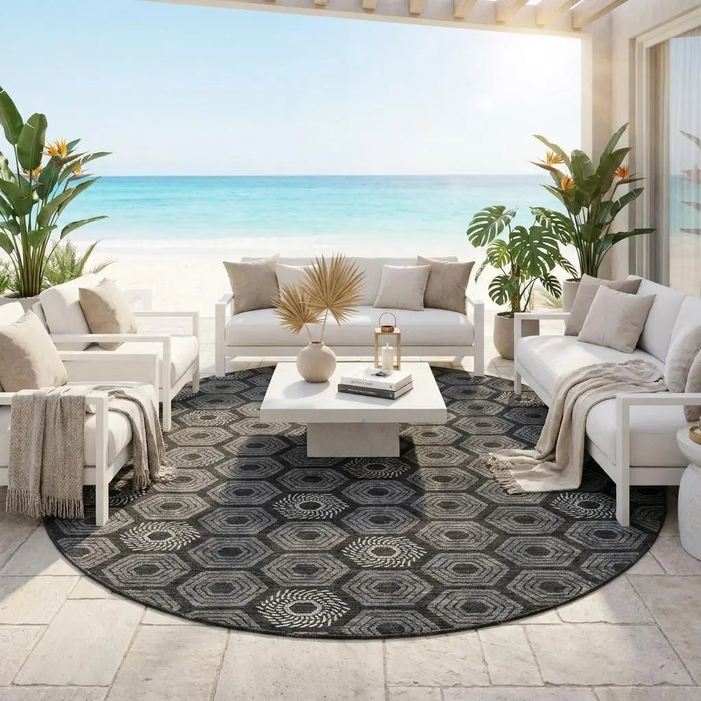 8' Black And Gray Round Geometric Washable Indoor Outdoor Area Rug Homeroots Outdoor