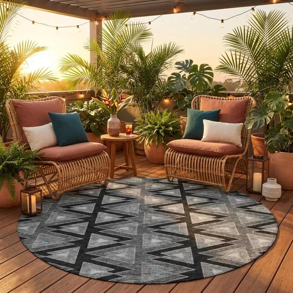 8' Black And Gray Round Geometric Washable Indoor Outdoor Area Rug Homeroots Outdoor
