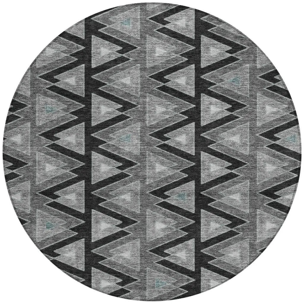 8' Black And Gray Round Geometric Washable Indoor Outdoor Area Rug Homeroots Outdoor