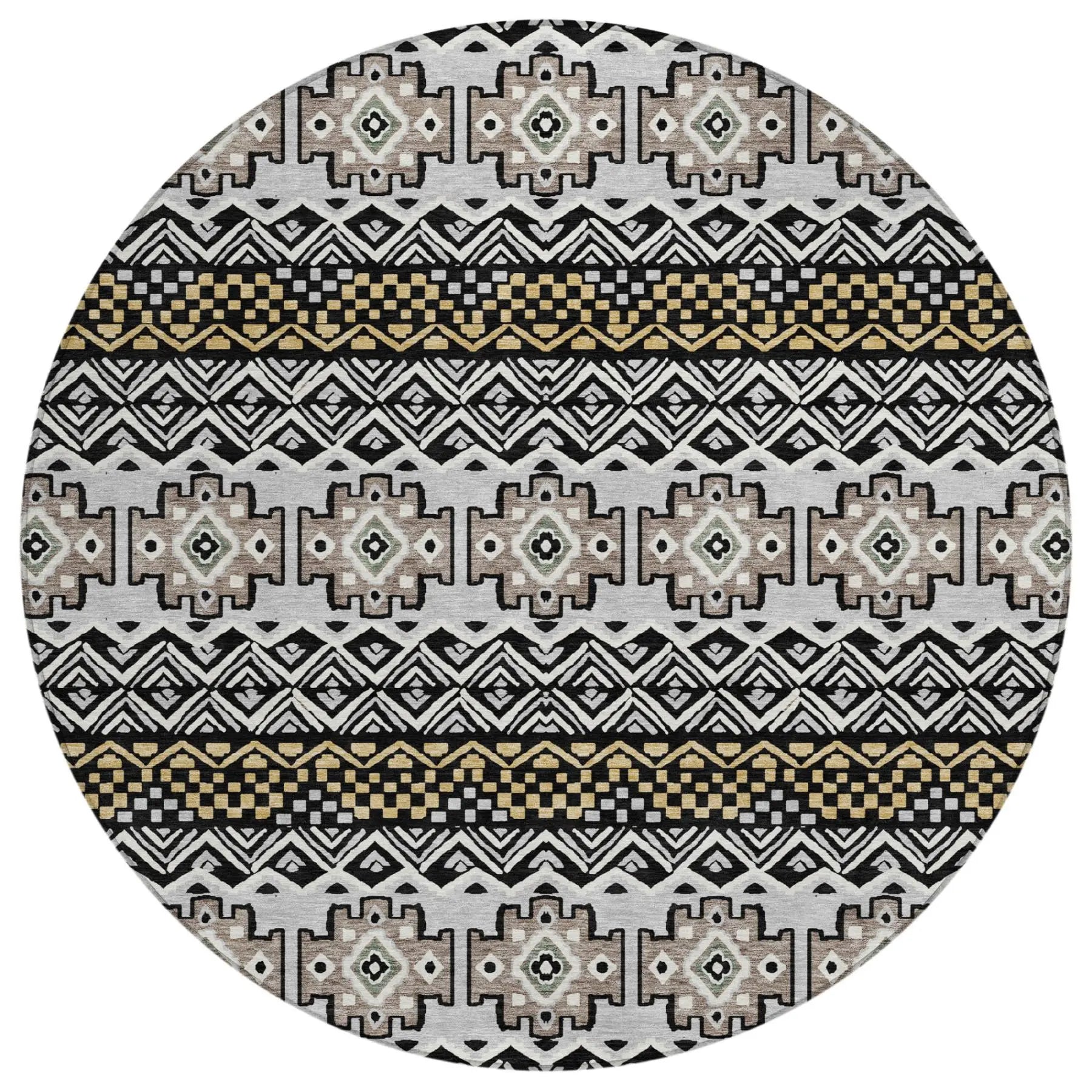 8' Black And Gray Round Striped Washable Indoor Outdoor Area Rug Homeroots Outdoor