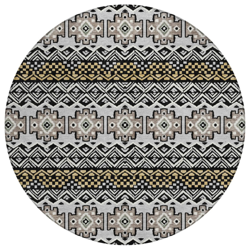 8' Black And Gray Round Striped Washable Indoor Outdoor Area Rug Homeroots Outdoor