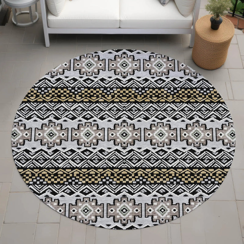 8' Black And Gray Round Striped Washable Indoor Outdoor Area Rug Homeroots Outdoor