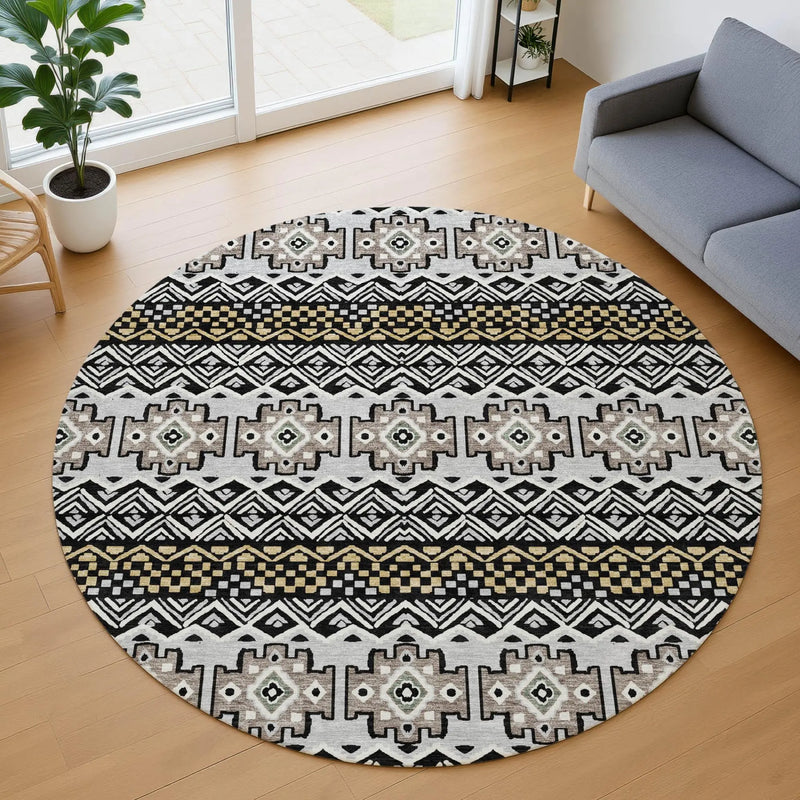 8' Black And Gray Round Striped Washable Indoor Outdoor Area Rug Homeroots Outdoor