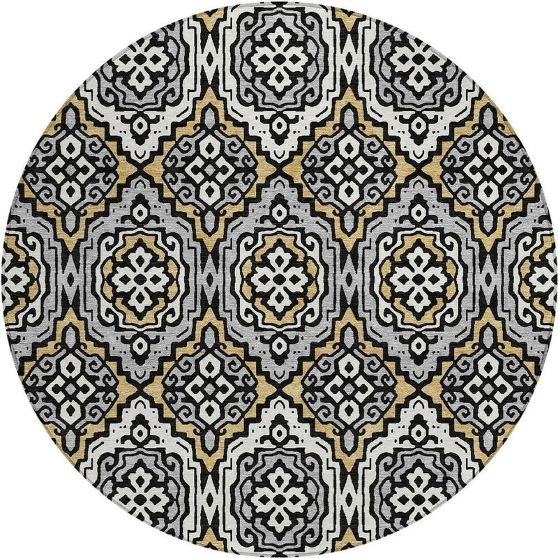 8' Black And Gray Round Tribal Washable Indoor Outdoor Area Rug Homeroots Outdoor