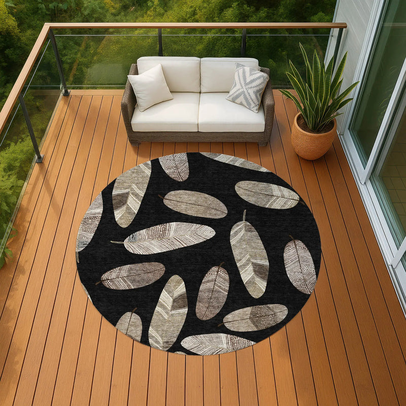 8' Black And Green Round Botanical Leaves Washable Indoor Outdoor Area Rug Homeroots Outdoor
