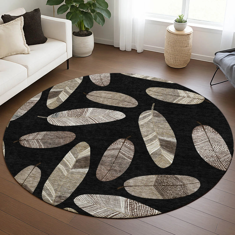 8' Black And Green Round Botanical Leaves Washable Indoor Outdoor Area Rug Homeroots Outdoor