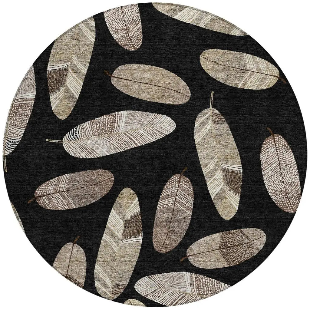 8' Black And Green Round Botanical Leaves Washable Indoor Outdoor Area Rug Homeroots Outdoor
