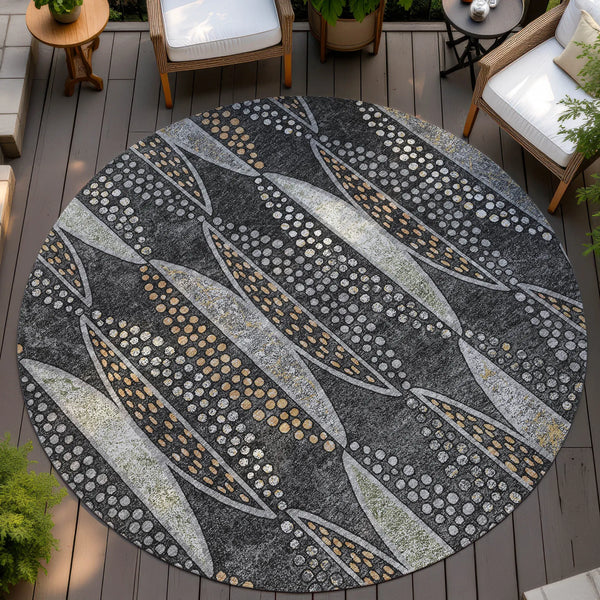 8' Black And Green Round Geometric Washable Indoor Outdoor Area Rug Homeroots Outdoor