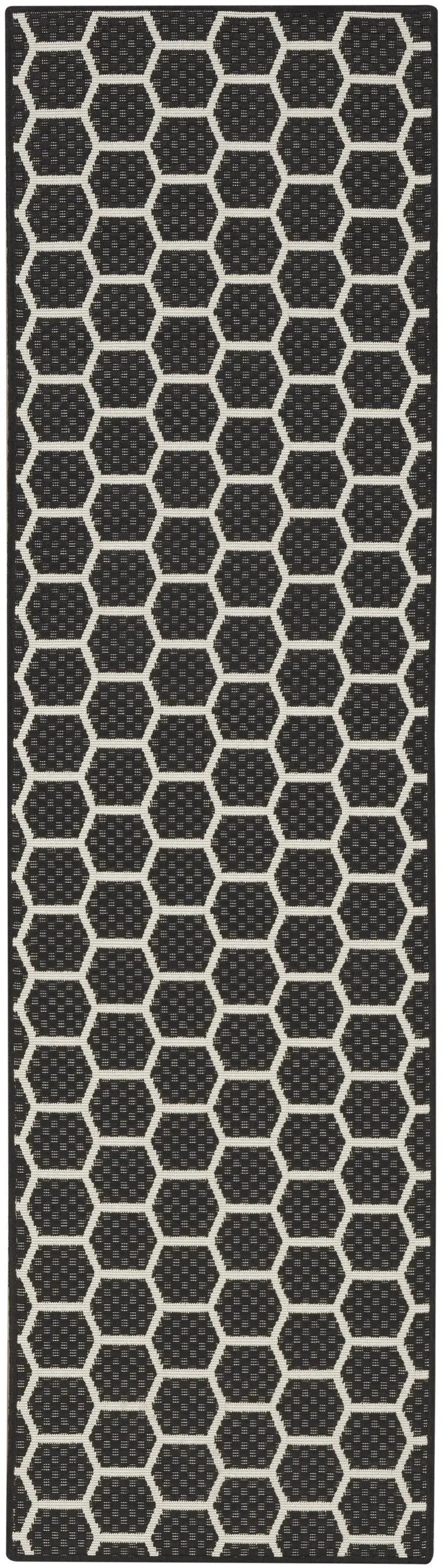 8' Black And Ivory Geometric Indoor Outdoor Runner Rug Homeroots Outdoor