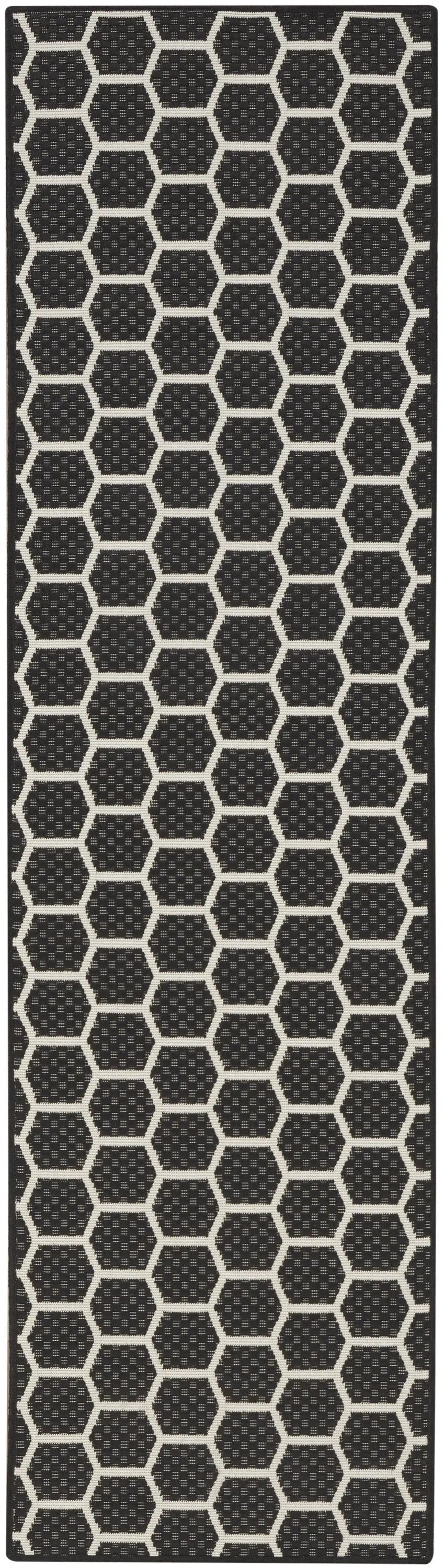 8' Black And Ivory Geometric Indoor Outdoor Runner Rug Homeroots Outdoor