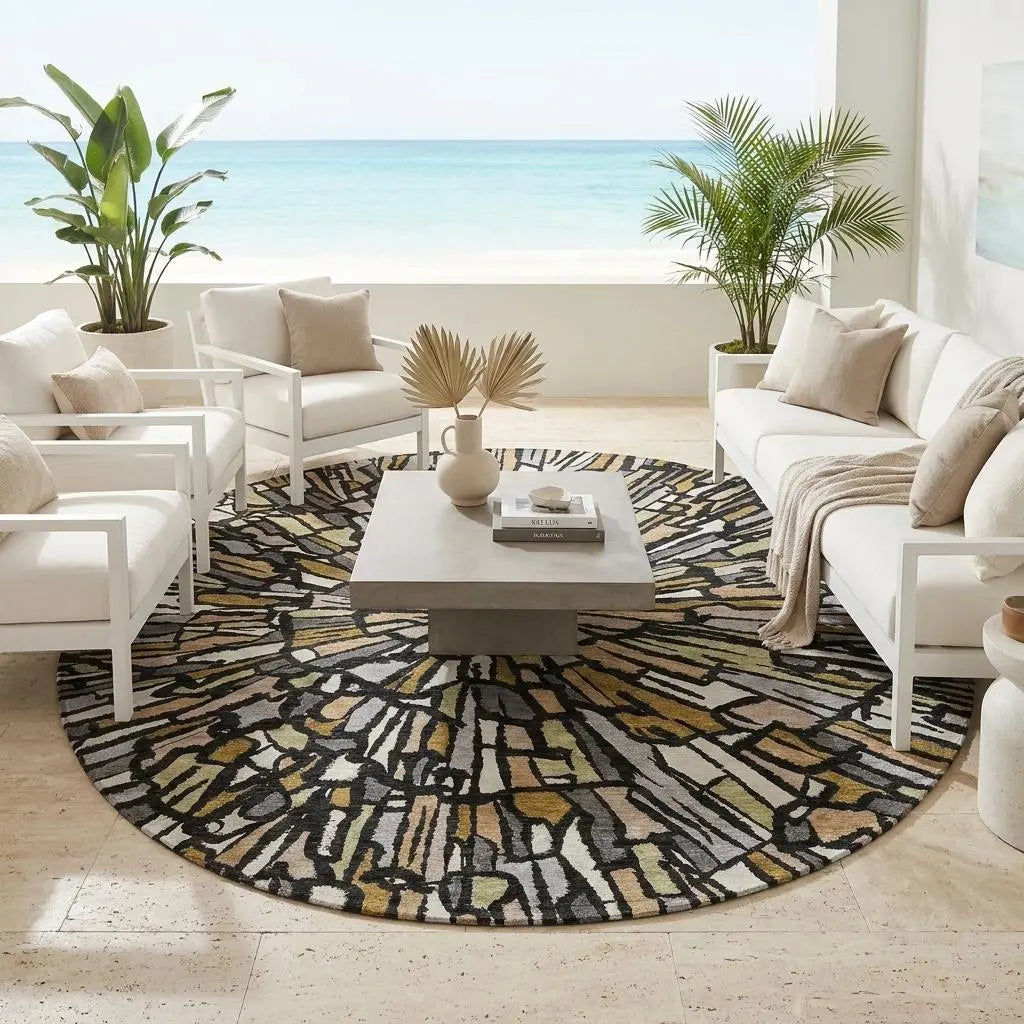 8' Black And Ivory Round Abstract Washable Indoor Outdoor Area Rug Homeroots Outdoor
