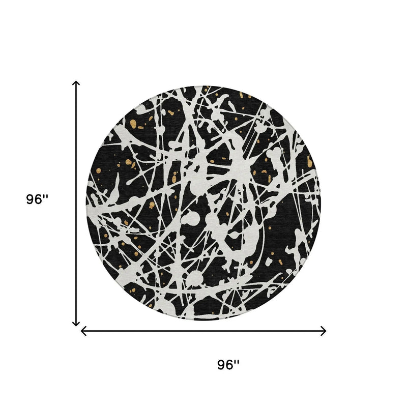 8' Black And Ivory Round Abstract Washable Indoor Outdoor Area Rug Homeroots Outdoor