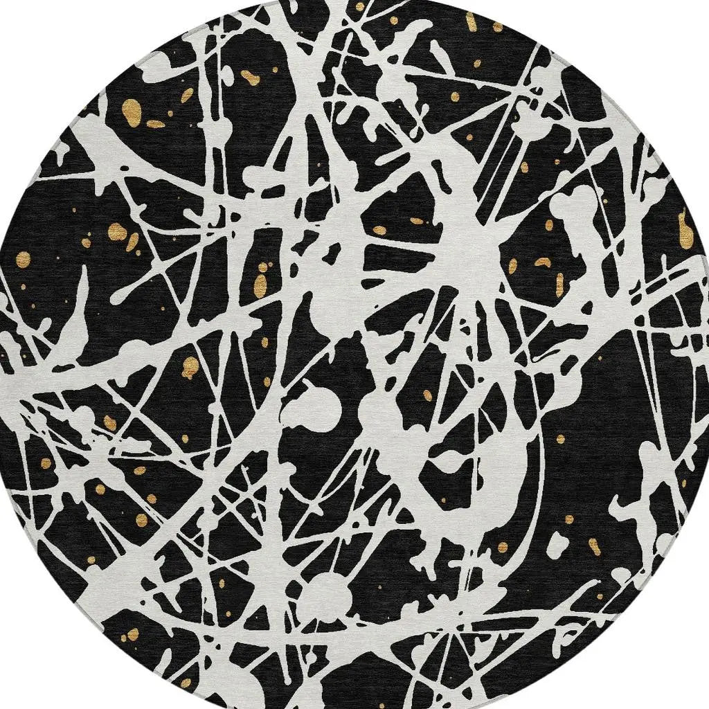 8' Black And Ivory Round Abstract Washable Indoor Outdoor Area Rug Homeroots Outdoor
