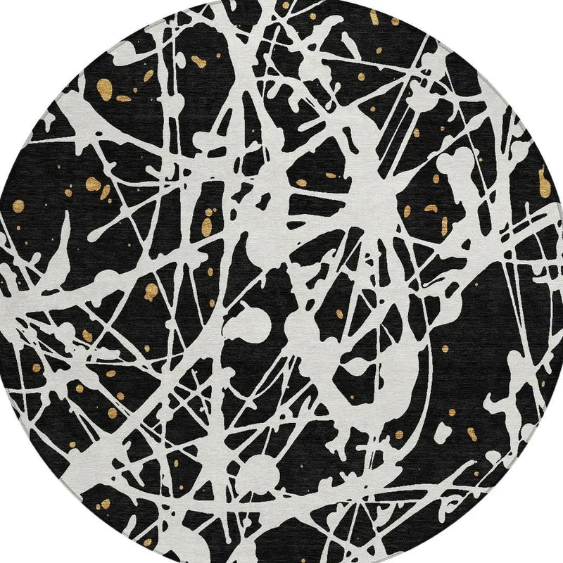 8' Black And Ivory Round Abstract Washable Indoor Outdoor Area Rug Homeroots Outdoor