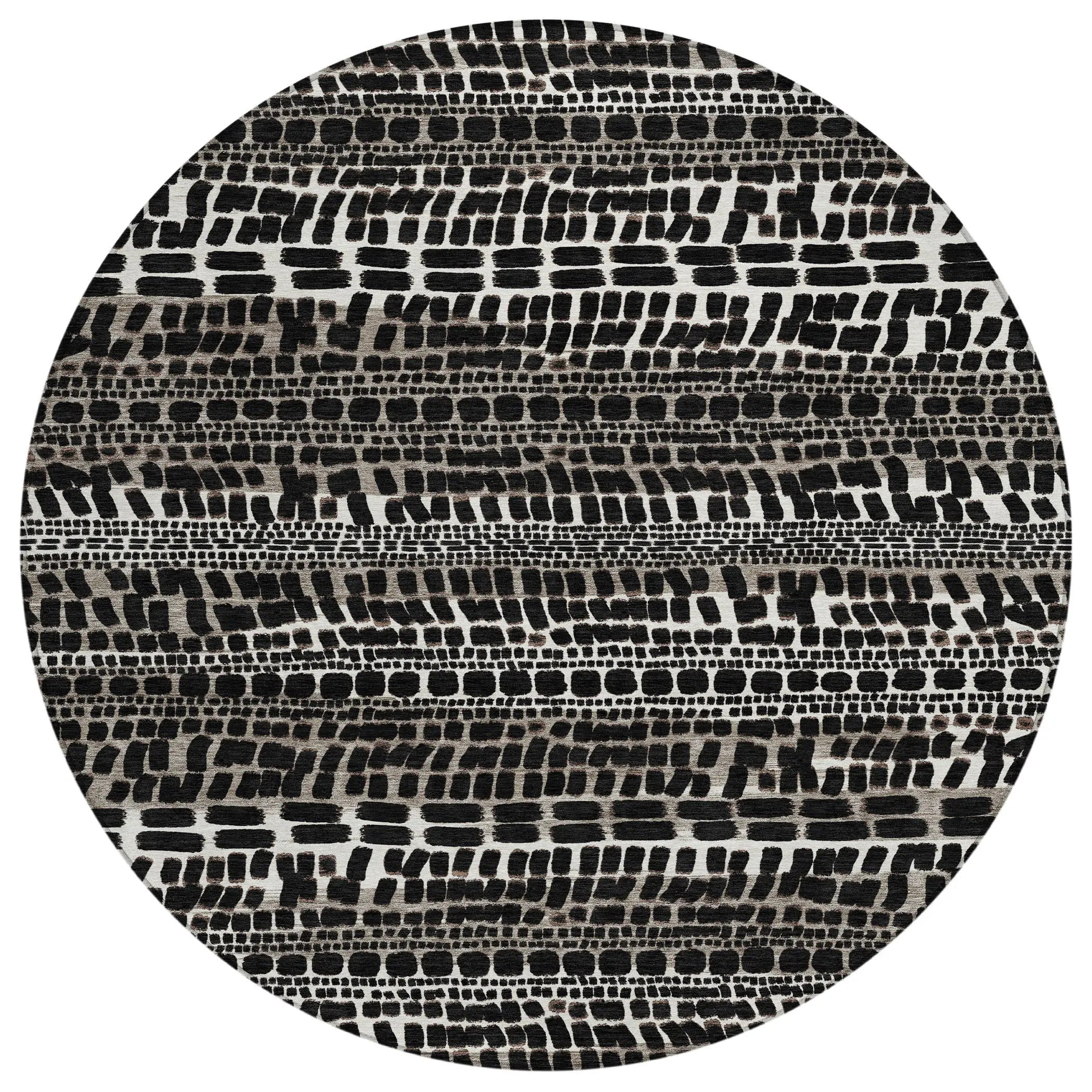 8' Black And Ivory Round Abstract Washable Indoor Outdoor Area Rug Homeroots Outdoor