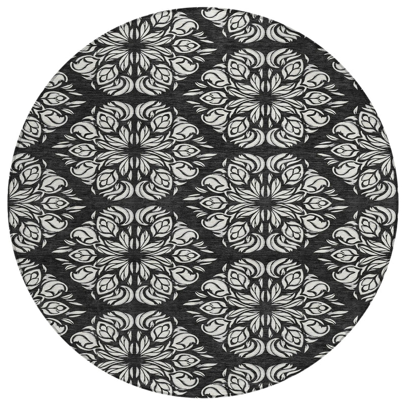 8' Black And Ivory Round Damask Washable Indoor Outdoor Area Rug Homeroots Outdoor
