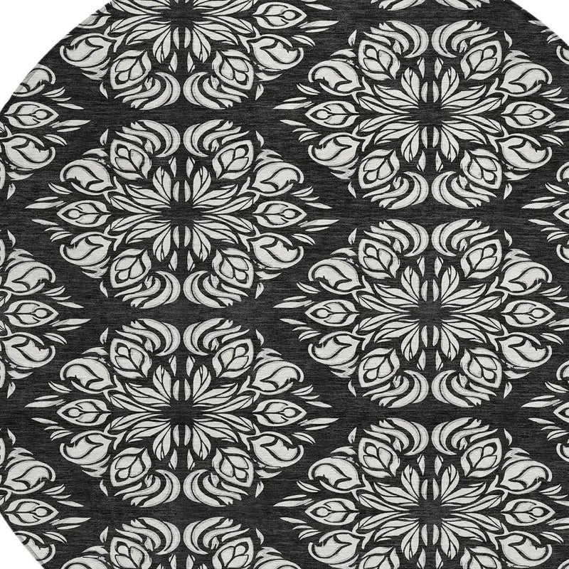 8' Black And Ivory Round Damask Washable Indoor Outdoor Area Rug Homeroots Outdoor