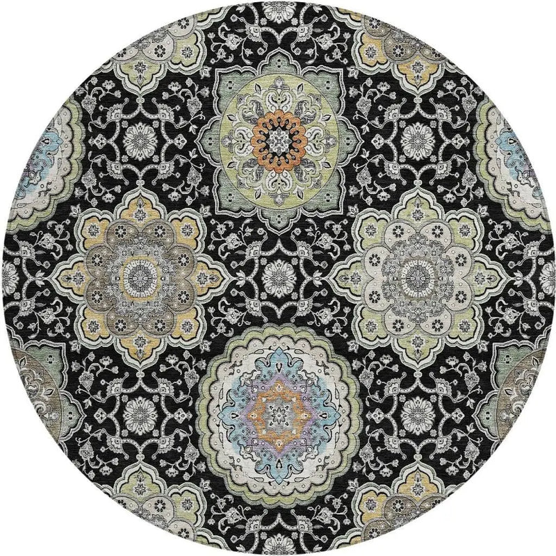 8' Black And Ivory Round Floral Medallion Washable Indoor Outdoor Area Rug Homeroots Outdoor