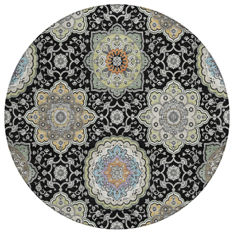 8' Black And Ivory Round Floral Medallion Washable Indoor Outdoor Area Rug Homeroots Outdoor