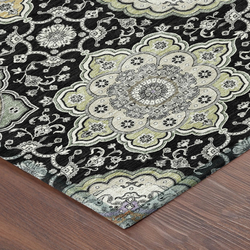 8' Black And Ivory Round Floral Medallion Washable Indoor Outdoor Area Rug Homeroots Outdoor