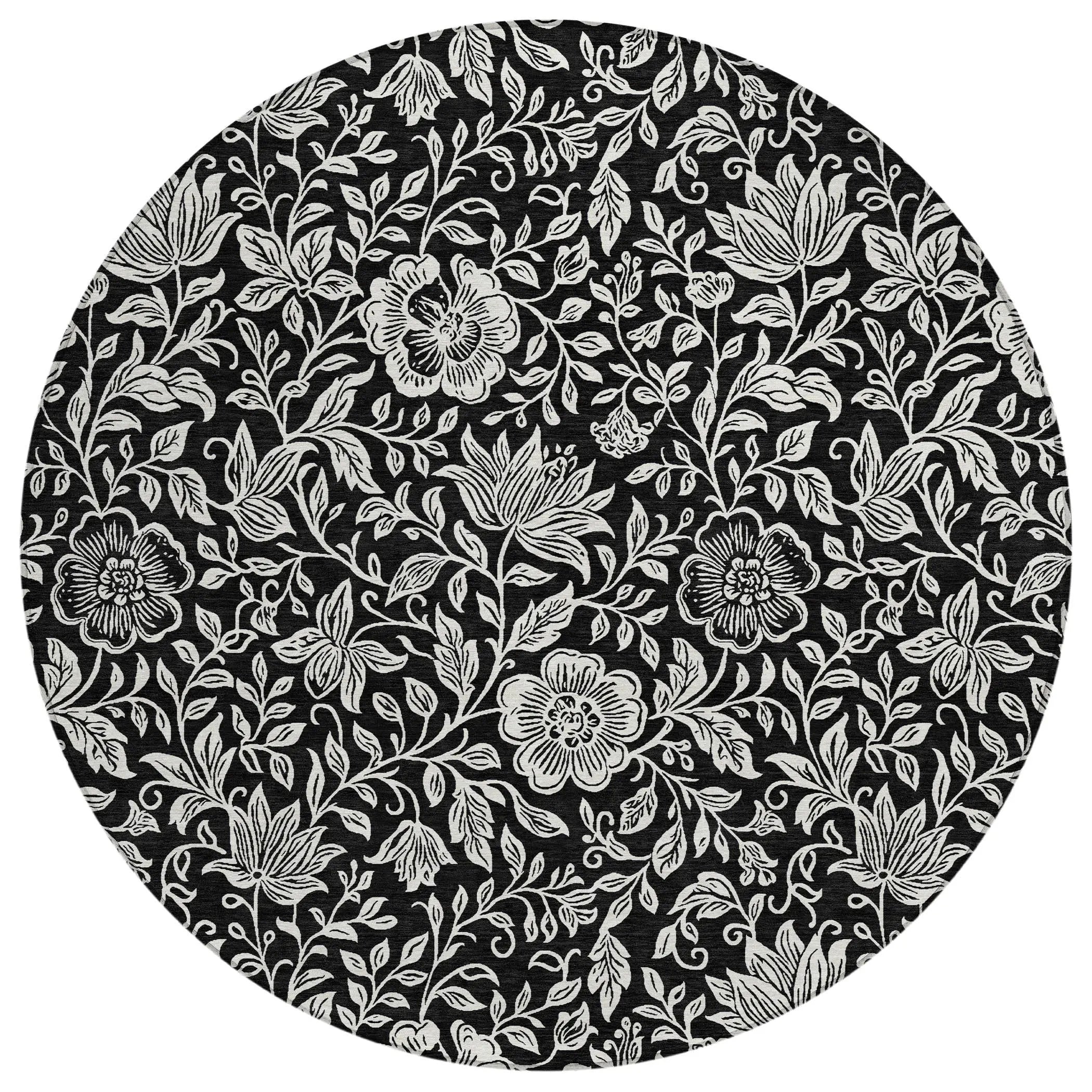 8' Black And Ivory Round Floral Washable Indoor Outdoor Area Rug Homeroots Outdoor