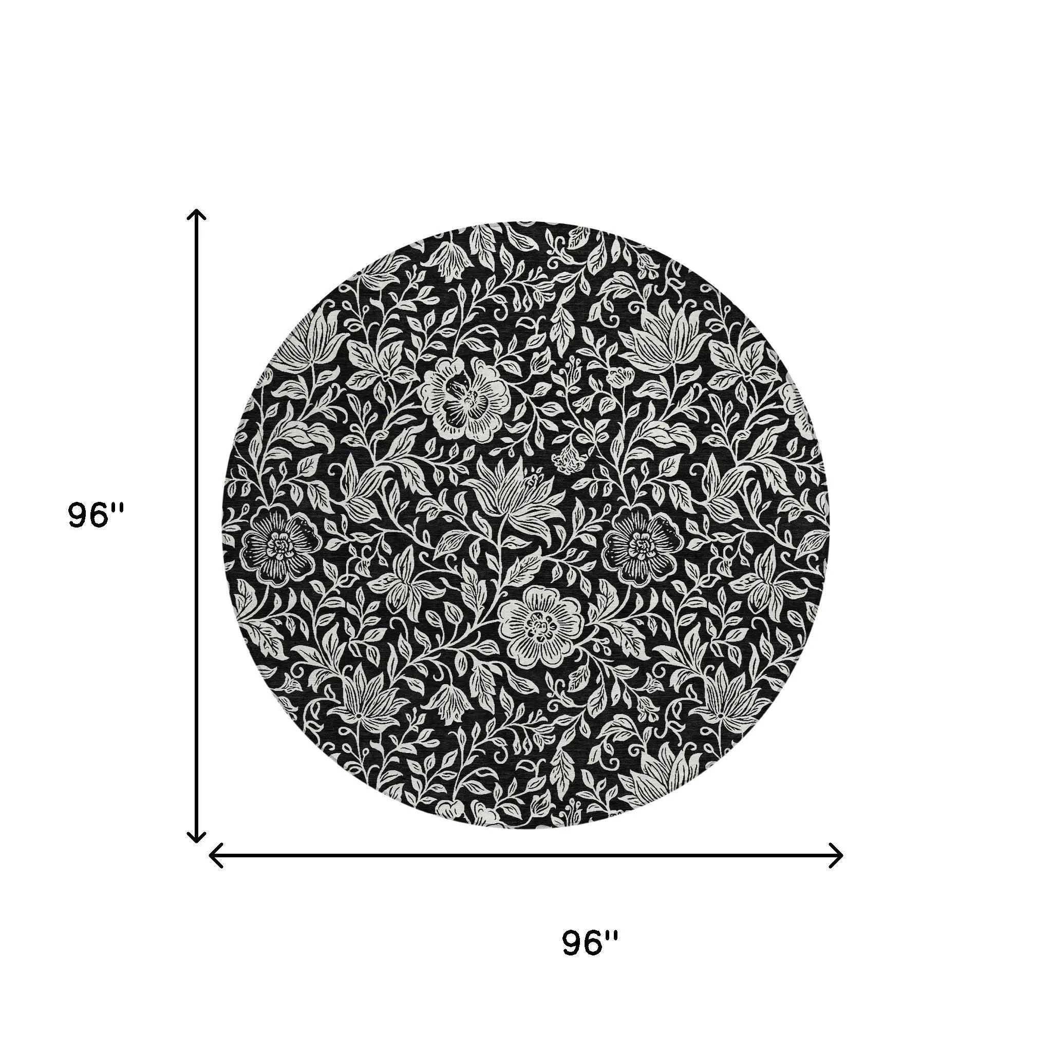 8' Black And Ivory Round Floral Washable Indoor Outdoor Area Rug Homeroots Outdoor
