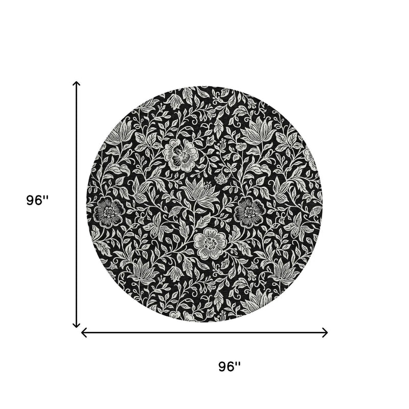 8' Black And Ivory Round Floral Washable Indoor Outdoor Area Rug Homeroots Outdoor