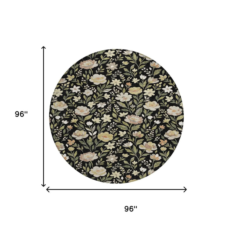 8' Black And Ivory Round Floral Washable Indoor Outdoor Area Rug Homeroots Outdoor