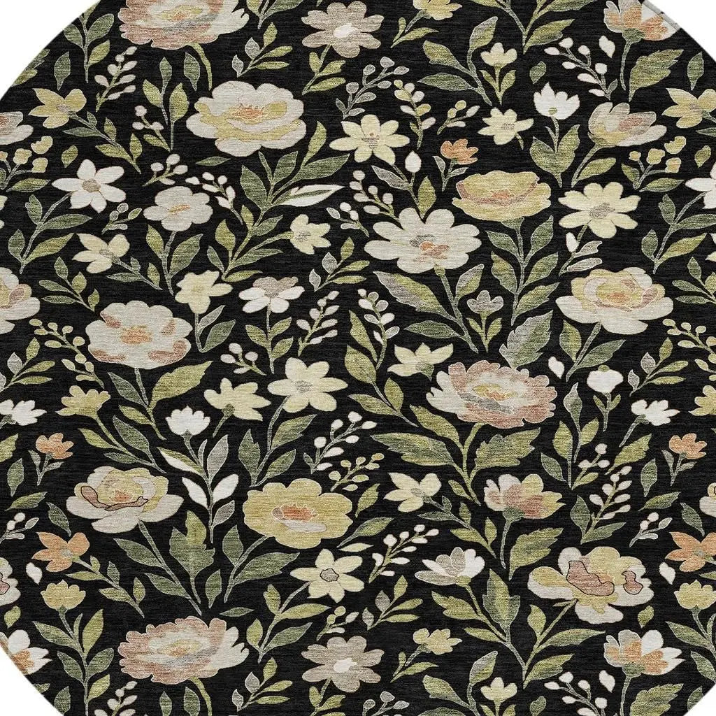 8' Black And Ivory Round Floral Washable Indoor Outdoor Area Rug Homeroots Outdoor