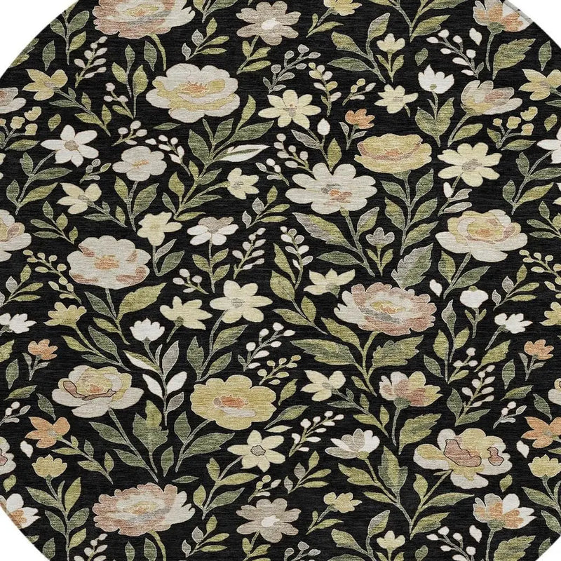 8' Black And Ivory Round Floral Washable Indoor Outdoor Area Rug Homeroots Outdoor