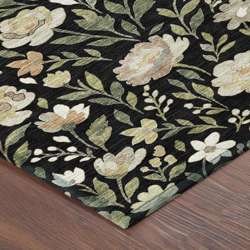 8' Black And Ivory Round Floral Washable Indoor Outdoor Area Rug Homeroots Outdoor