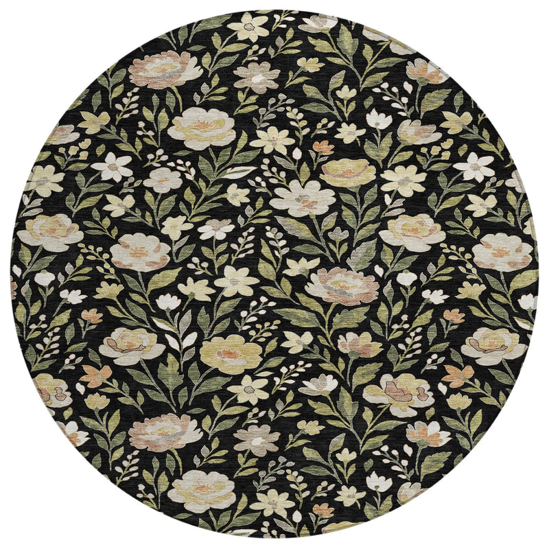 8' Black And Ivory Round Floral Washable Indoor Outdoor Area Rug Homeroots Outdoor