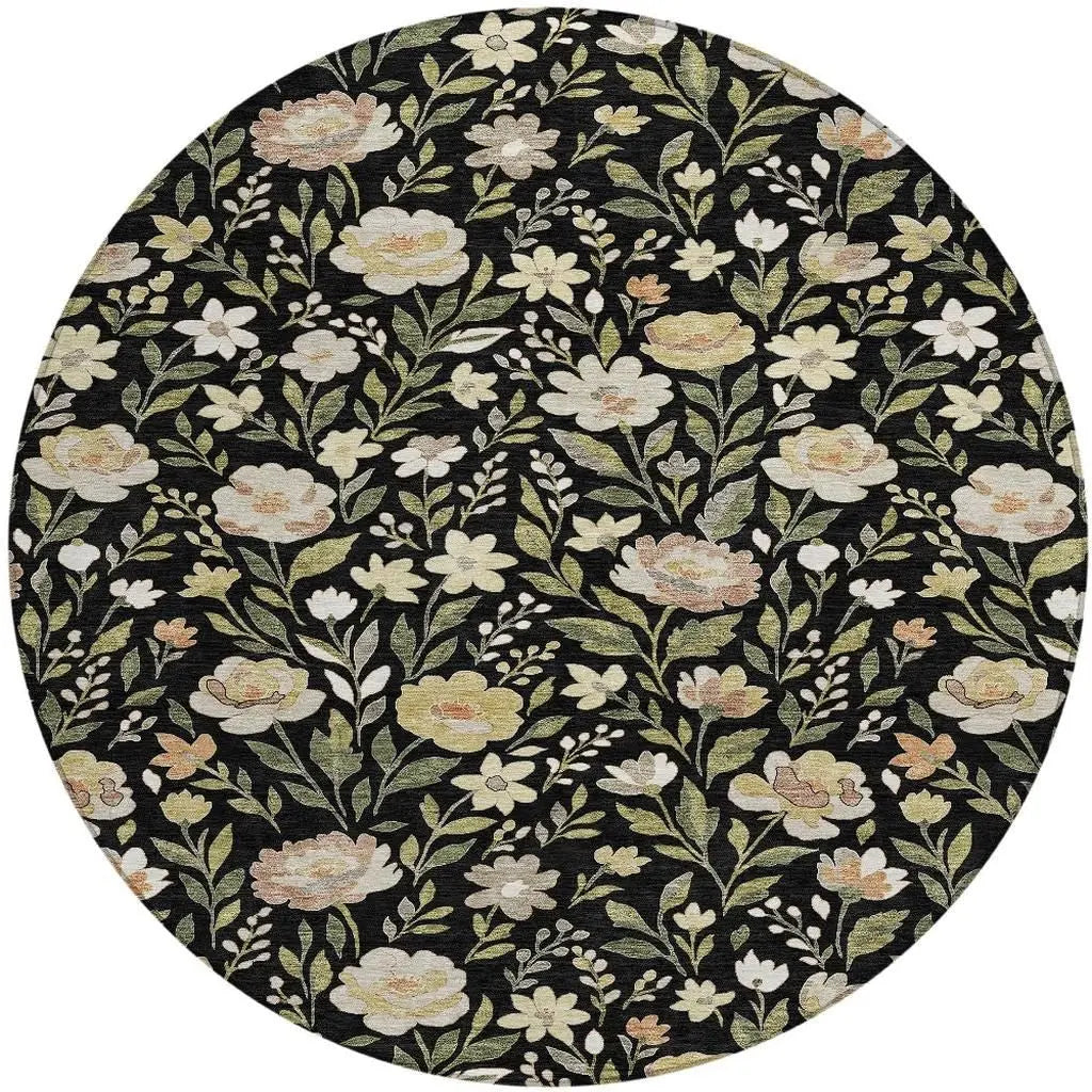 8' Black And Ivory Round Floral Washable Indoor Outdoor Area Rug Homeroots Outdoor