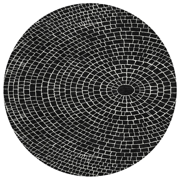 8' Black And Ivory Round Geometric Washable Indoor Outdoor Area Rug Homeroots Outdoor