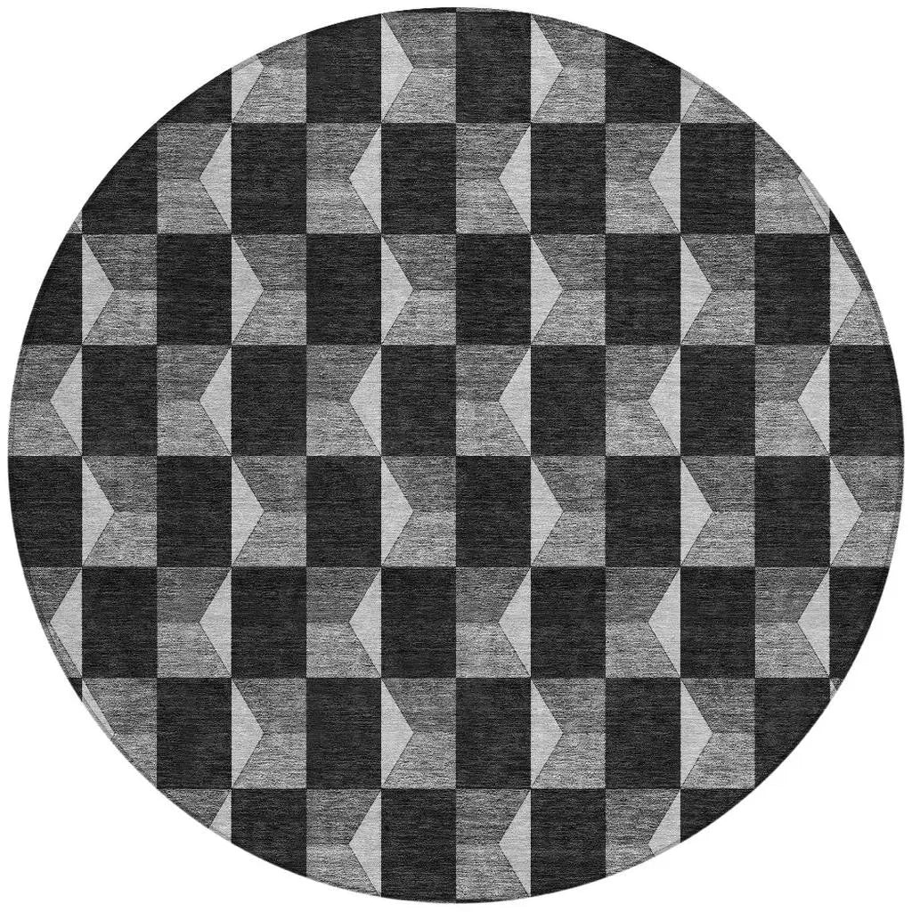 8' Black And Ivory Round Geometric Washable Indoor Outdoor Area Rug Homeroots Outdoor