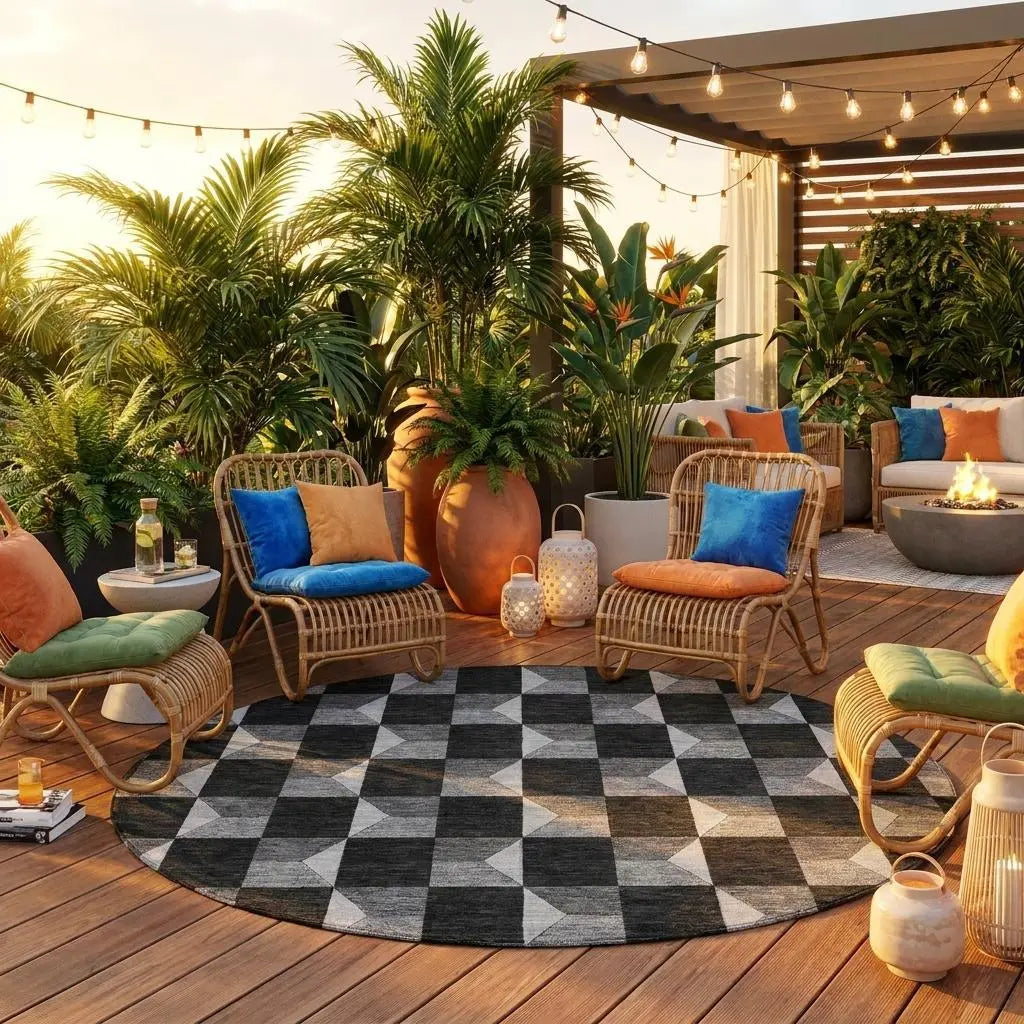 8' Black And Ivory Round Geometric Washable Indoor Outdoor Area Rug Homeroots Outdoor