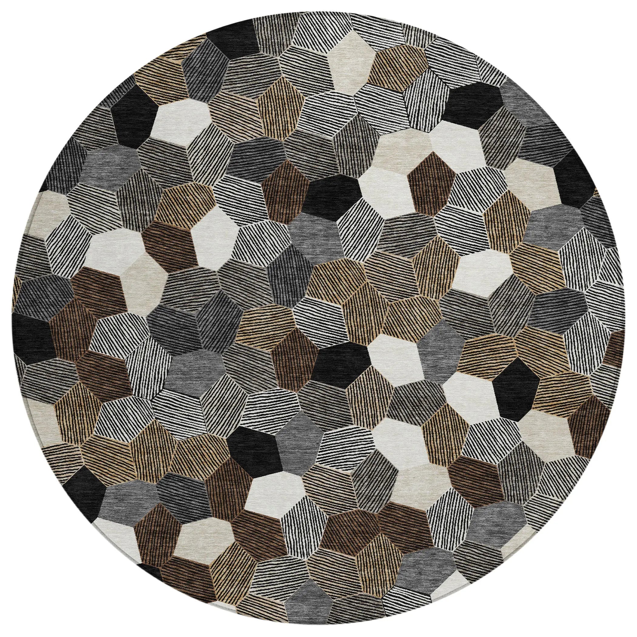 8' Black And Ivory Round Geometric Washable Indoor Outdoor Area Rug Homeroots Outdoor