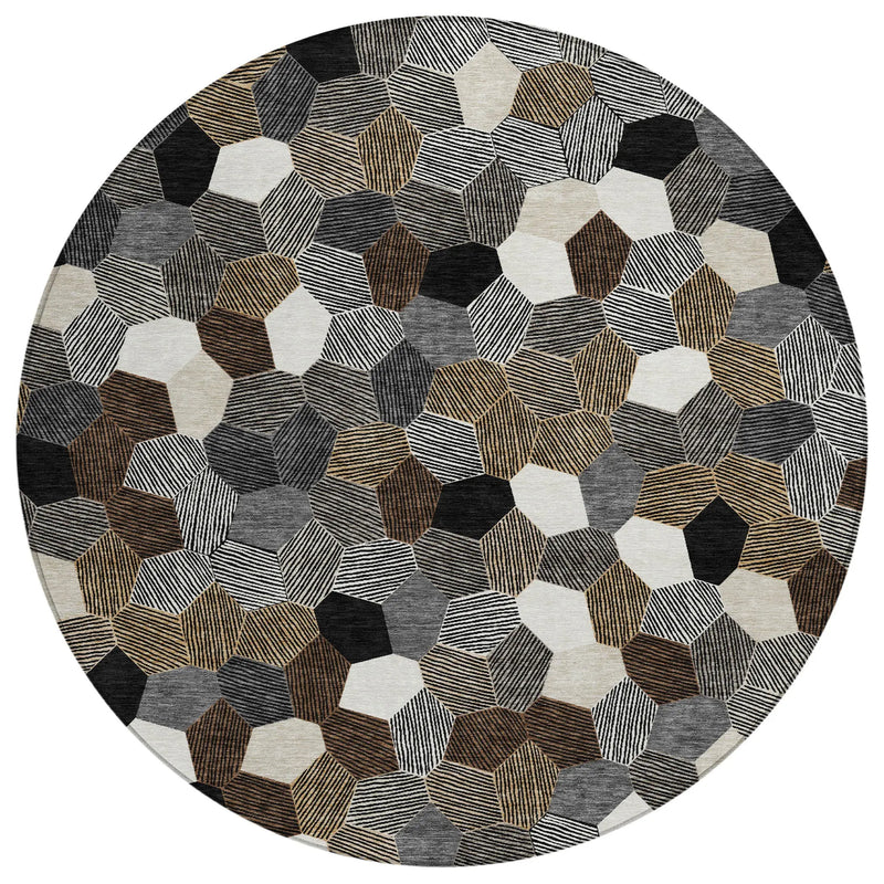 8' Black And Ivory Round Geometric Washable Indoor Outdoor Area Rug Homeroots Outdoor