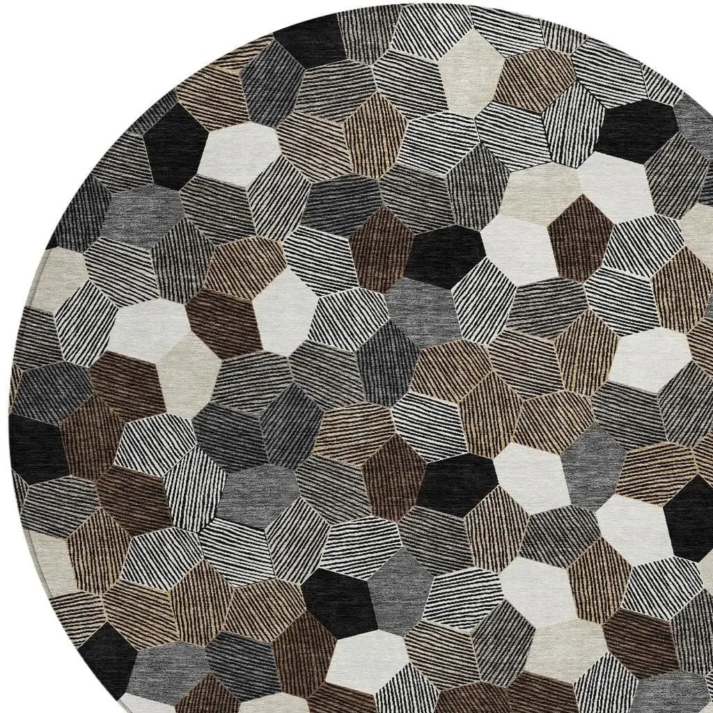 8' Black And Ivory Round Geometric Washable Indoor Outdoor Area Rug Homeroots Outdoor