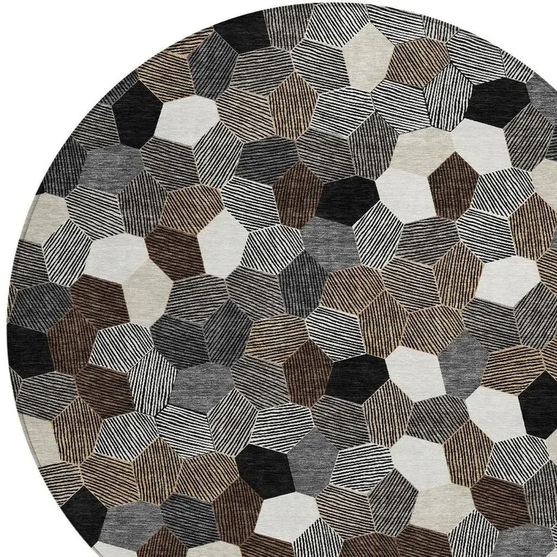 8' Black And Ivory Round Geometric Washable Indoor Outdoor Area Rug Homeroots Outdoor