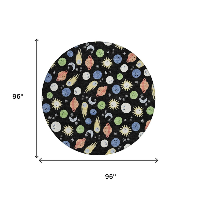 8' Black And Ivory Round Geometric Washable Indoor Outdoor Area Rug Homeroots Outdoor