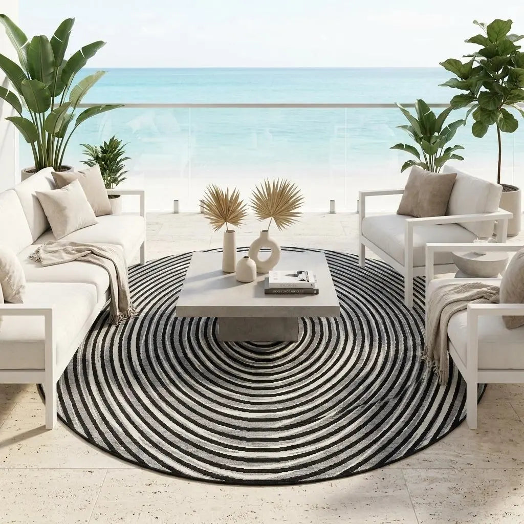 8' Black And Ivory Round Geometric Washable Indoor Outdoor Area Rug Homeroots Outdoor